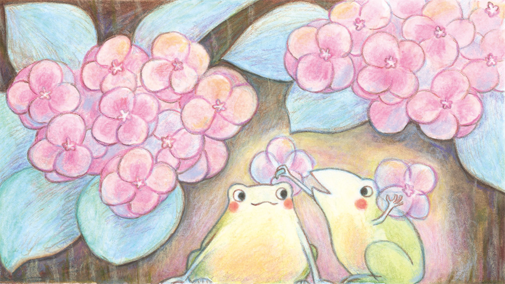 紫陽花の下で2匹の蛙が遊んでいるイラスト